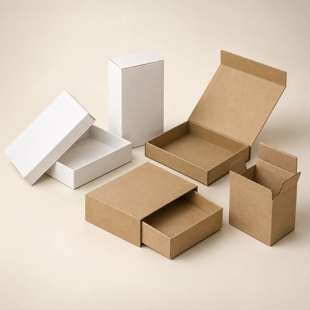 Studio visualisation of five unprinted packaging structures in white and kraft board: a rigid lid-and-base box with the lid off, a tuck-end carton, a book-style box with its lid open, a drawer box with the tray out, and a corrugated case with the flaps up. Visualisation, not a photograph of a delivered job.