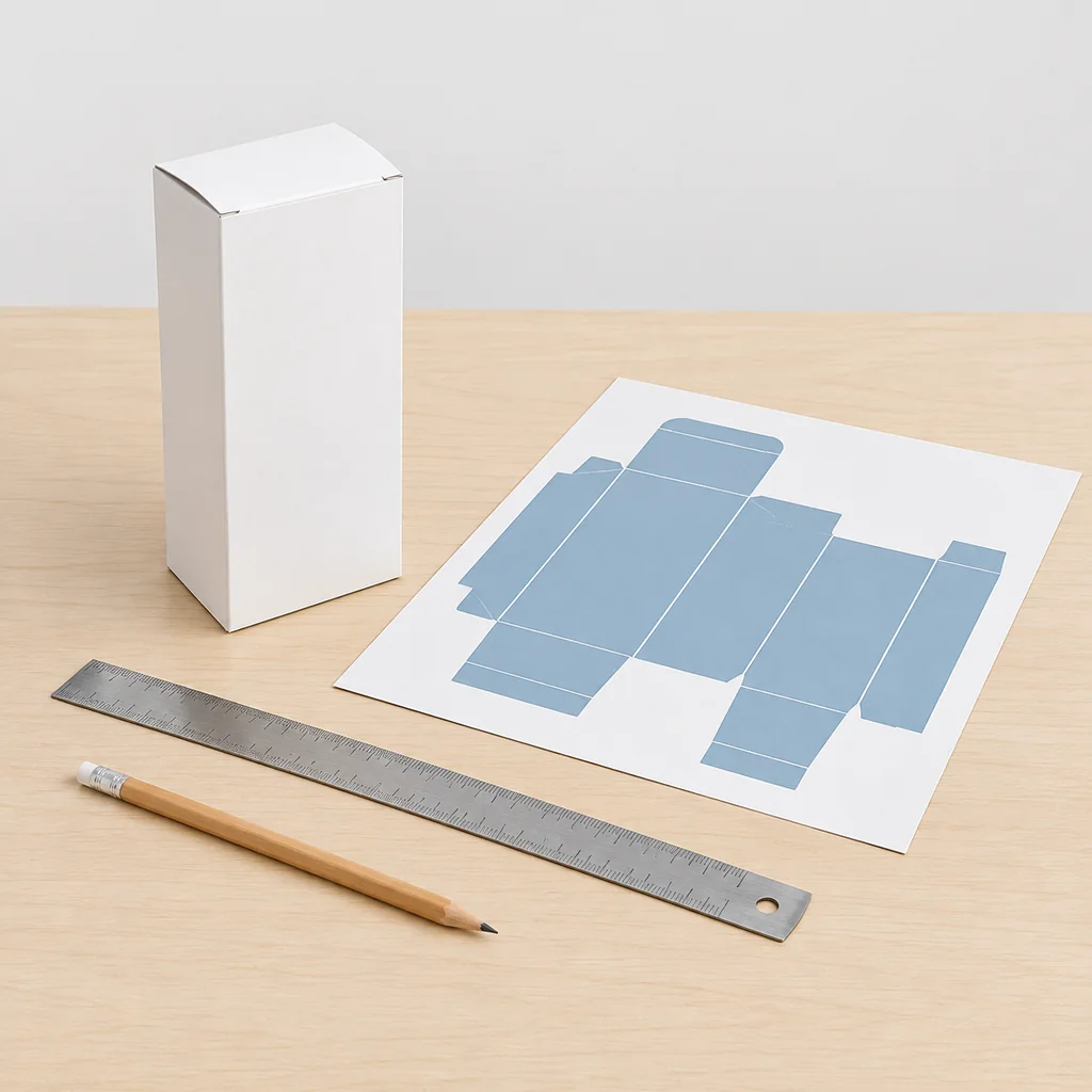 Studio illustration of a white sample carton standing on a workbench beside a folded carton dieline, with a steel ruler and a pencil. Illustration, not a specification.