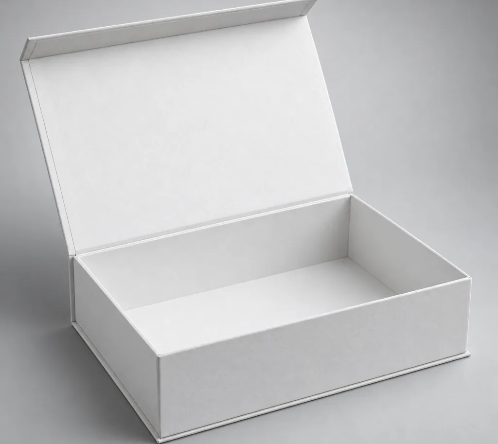 Studio illustration of a book-style box with the magnetic flap open. Illustration, not a specification.
