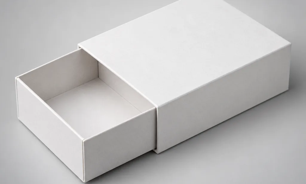 Studio illustration of a drawer box with the tray pulled part of the way out of its sleeve. Illustration, not a specification.