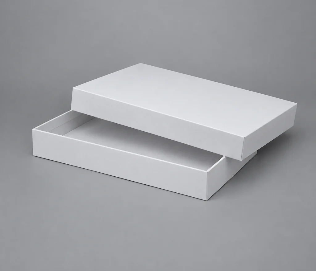 Studio illustration of a rigid lid-and-base box with the lid resting ajar on the base, both plain unprinted white. Illustration, not a specification.